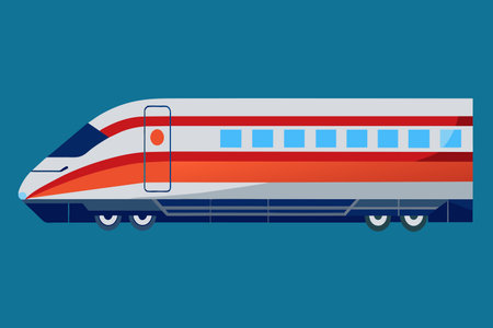 A train with red and white stripes is shown on a blue background. The train is long and has many windowsのイラスト素材