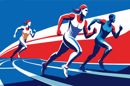 Three runners are racing on a track, with one runner in the lead. The image has a dynamic and energetic feel, with the runners' movements and the track's design conveying a sense of speedのイラスト素材