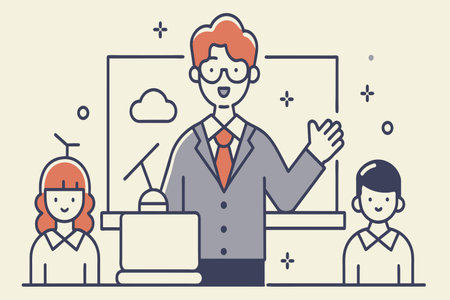 A man in a suit is teaching a class of children. The children are smiling and the man is smiling backのイラスト素材