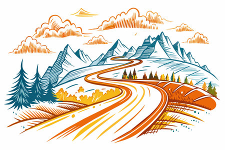 A mountain road with a winding path and trees in the background. The road is empty and the sky is cloudyのイラスト素材