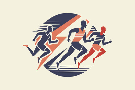 Three men running in a race with a lightning bolt in the background. Concept of speed and competitionのイラスト素材