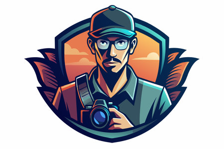 A man with a camera is holding it in his hand. He is wearing a hat and glassesのイラスト素材