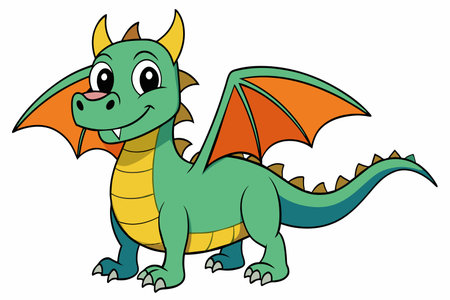A cartoon dragon with a yellow belly and orange wings. It is smiling and looking at the cameraのイラスト素材
