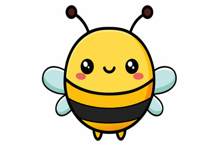 A cartoon bee with a black and yellow striped body and wings. The bee is smiling and has a happy expressionのイラスト素材