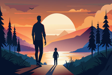 A man and a child are walking along a path near a body of water. The sky is orange and the sun is settingのイラスト素材