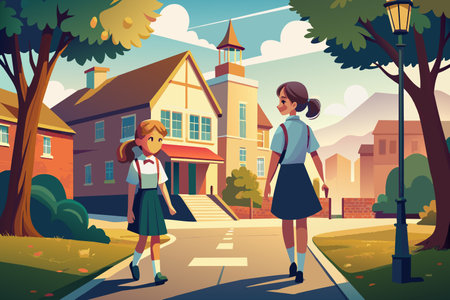 Two girls are walking down a street in front of a school. The scene is set in a suburban area with trees and a church in the backgroundのイラスト素材