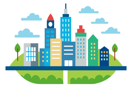 Urban cityscape featuring various buildings and a prominent city tower standing tall.のイラスト素材