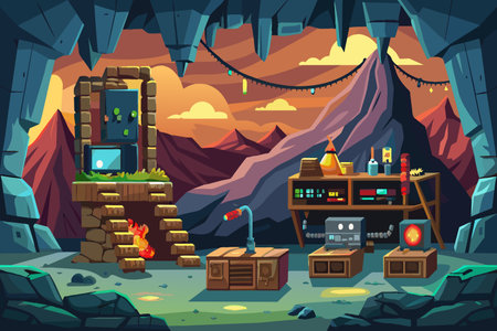 A computer game scene with a mountain in the background and a cave with a fireplace. The cave is filled with various items such as a TV, a radio, and a computerのイラスト素材
