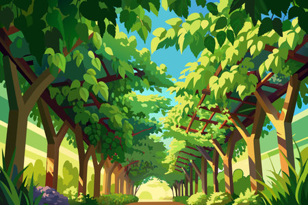 A lush green forest with a path running through it. The trees are tall and leafy, and the sky is clear and blue. The scene is peaceful and serene, with the path leading to a beautiful destinationのイラスト素材
