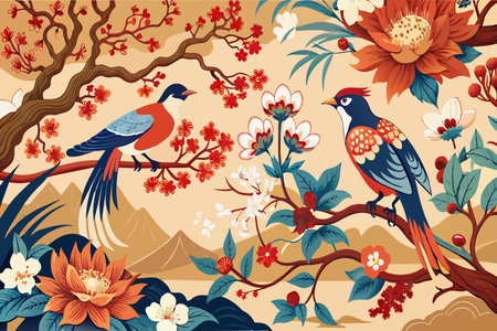 Two birds are perched on a branch in a lush green forest. The birds are surrounded by flowers and trees, creating a serene and peaceful atmosphereのイラスト素材