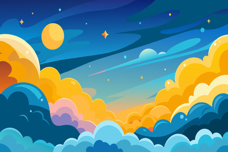 A colorful sky with clouds and a bright yellow sun. The sky is filled with stars and the sun is shining brightlyのイラスト素材