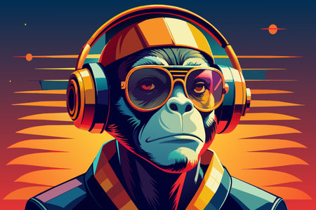 A monkey wearing headphones and sunglasses is the main subject of the image. The monkey is wearing a blue shirt and a black jacket. The background of the image is a colorful and vibrant sceneのイラスト素材