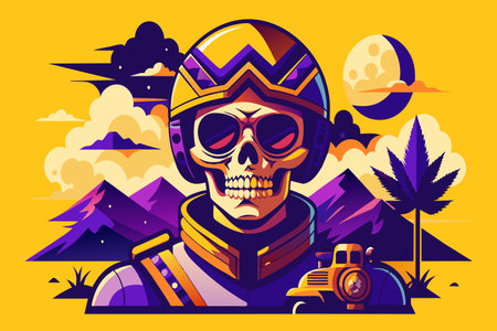 A man in a helmet is standing in front of a mountainのイラスト素材
