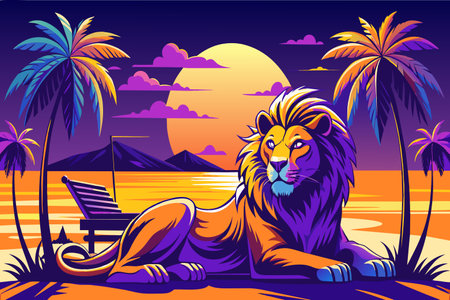 A lion is laying on the beach next to a bench. The sky is purple and orange, and the sun is settingのイラスト素材