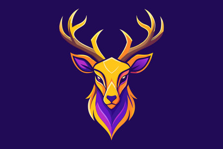 A deer head with purple and yellow colors. The value is looking at the camera. The image has a bright and cheerful moodのイラスト素材