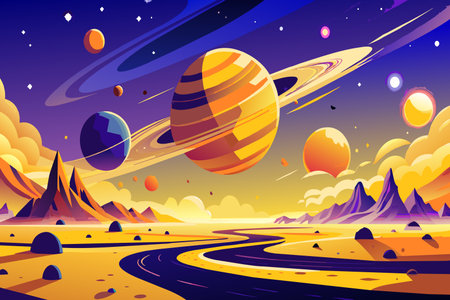 A colorful space scene with a river running through it. The sky is filled with stars and planets, including the sun and the moon. Scene is peaceful and serene, with the vastness of spaceのイラスト素材