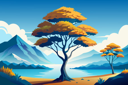 A beautiful landscape with a large tree in the foreground and a body of water in the background. The scene is peaceful and serene, with the mountains in the distance adding to the sense of tranquilityのイラスト素材