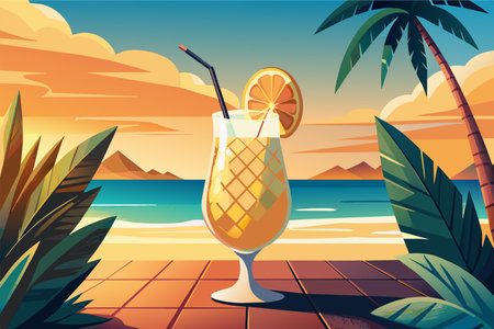 A glass of orange juice with a straw in it is on a table next to a beach. The image has a tropical vibe and the glass of juice is the focal pointのイラスト素材