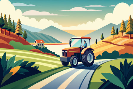 A tractor is driving down a road in a rural area. The scene is peaceful and serene, with a beautiful landscape of mountains and trees in the backgroundのイラスト素材