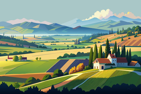 A beautiful countryside scene with a house in the distance. The landscape is filled with trees and houses, and the sky is clear and blueのイラスト素材