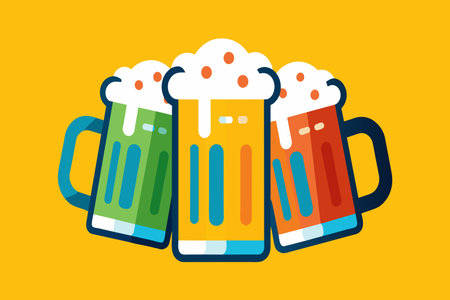 Three colorful beer mugs are shown with foam on top. The mugs are arranged in a row, with the middle one being the tallest. Concept of fun and enjoymentのイラスト素材