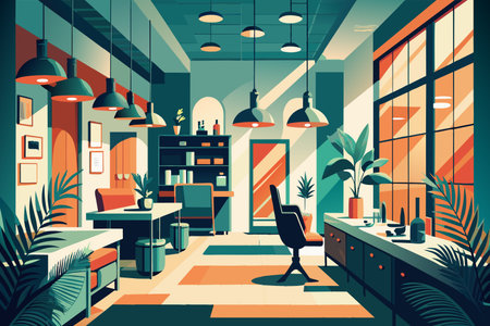 A cartoonish drawing of a room with a chair, a desk, and a potted plantのイラスト素材