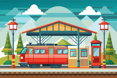 A red train is parked at a train station with a red roof. The train is surrounded by trees and mountains in the backgroundのイラスト素材