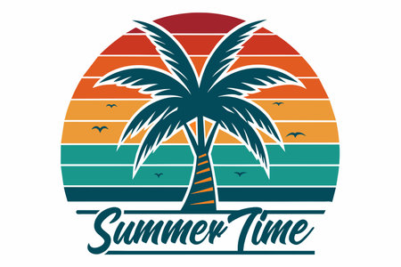 A tropical tree with birds flying around it. The tree is surrounded by a colorful background with a sun in the center. The words "Summer Time" are written in a cursive fontのイラスト素材