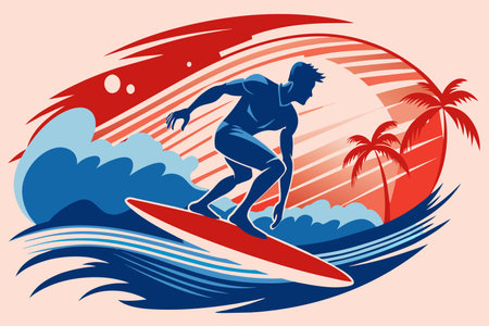 A man is surfing on a wave in the ocean. The image has a tropical vibe with palm trees in the backgroundのイラスト素材