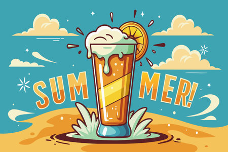 A cartoonish drawing of a glass of beer with an orange slice on top and the words "Summer!" written below itのイラスト素材