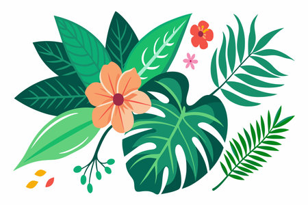 A colorful drawing of a tropical forest with a variety of plants and flowers. Concept of vibrancy and life, with the lush greenery and bright colors creating a lively and energetic atmosphereのイラスト素材