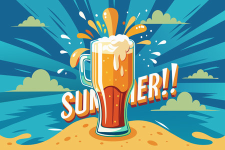 A glass of beer with a splash of foam on top and the words "Summer!" written in bold lettersのイラスト素材