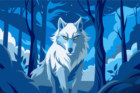 A white wolf is standing in a forest with blue skies in the background. The wolf has a menacing look on its face, and the scene is set in a dark and moody atmosphereのイラスト素材