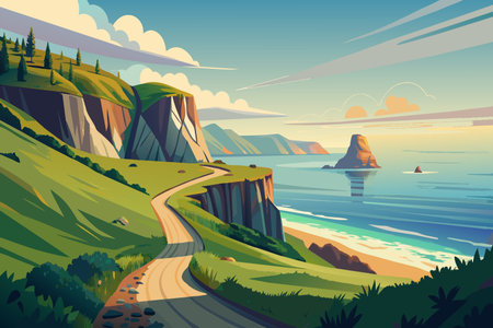A computer-generated image of a road that leads to a beach. The road is surrounded by mountains and the oceanのイラスト素材