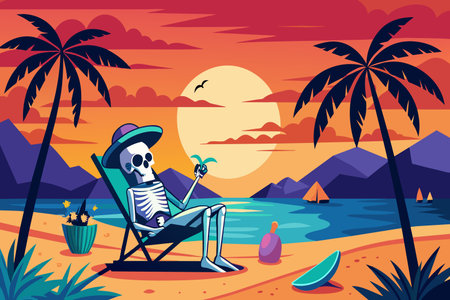 A skeleton is sitting on a beach chair, holding a drink and looking out at the ocean. The scene is set against a backdrop of mountains and palm trees, creating a serene and relaxing atmosphereのイラスト素材