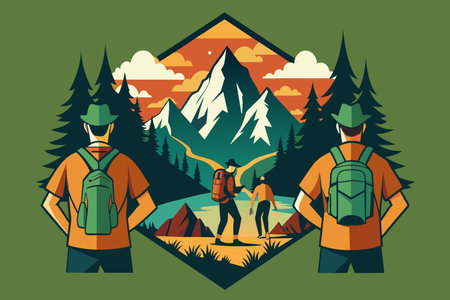 A man and two other men are standing in a forest with backpacks. The man on the left is wearing an orange shirtのイラスト素材