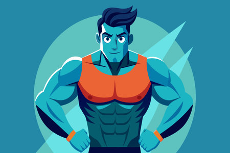A muscular man with a blue shirt and orange tank top stands with his arms crossed. He looks strong and confidentのイラスト素材