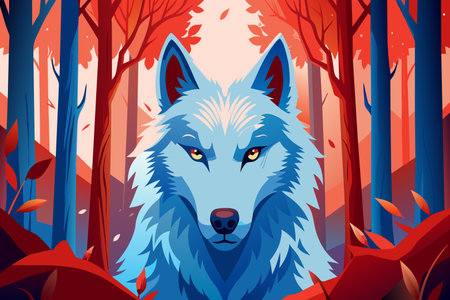 A wolf is standing in a forest with red leaves on the ground. The wolf has a fierce look on its face...