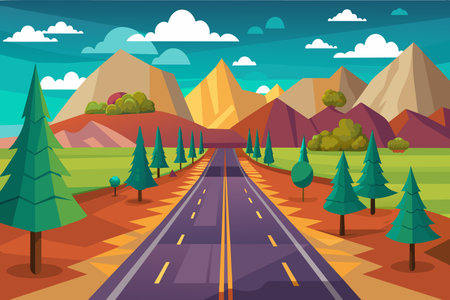 A road with a mountain in the background. The road is empty and the trees are green. The sky is blue and there are cloudsのイラスト素材