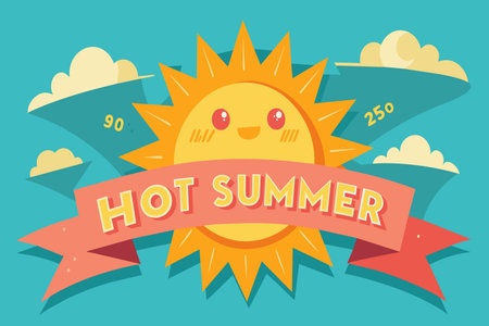A cartoon sun with a smiling face is on a blue background. The sun is surrounded by clouds and a ribbon that says "Hot Summer"のイラスト素材