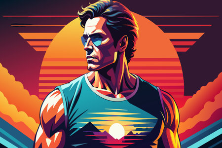 A man is standing in front of a sun with a blue tank top on. The man is wearing sunglasses and has a serious look on his face. The image has a vibrant and energetic feel to itのイラスト素材