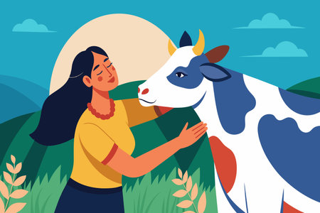 A woman is petting a cow in a field. The cow is white and blueのイラスト素材