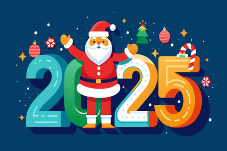 A colorful Christmas card with a man dressed as Santa Claus and the number 25. The card is decorated with Christmas ornaments and a treeのイラスト素材