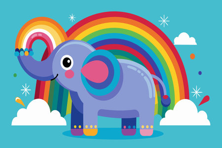 A colorful elephant is standing in front of a rainbow. The elephant is smiling and he is happy. The rainbow is large and spans across the entire image, creating a sense of wonder and joyのイラスト素材
