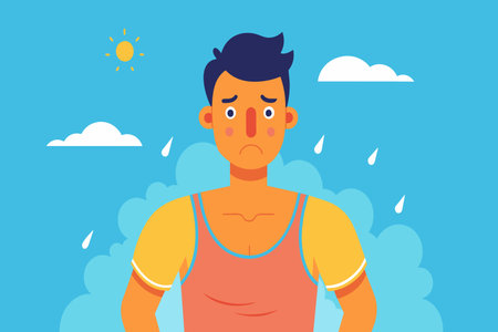 A man is standing in the rain with a frown on his face. The sky is cloudy and the sun is shining through the cloudsのイラスト素材