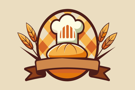 A cartoonish image of a chef hat and a loaf of bread. The bread is surrounded by a ribbon and a few leavesのイラスト素材