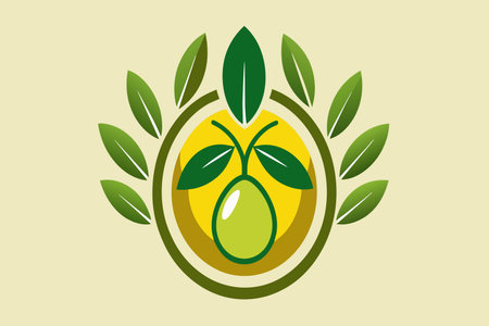 A green leafy olive with a leafy green background. The olive is surrounded by a circle of leavesのイラスト素材
