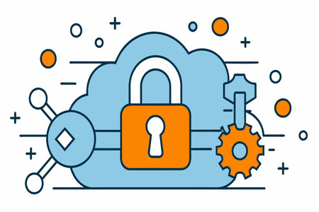 A blue and orange cloud with a keyhole and a lock on itのイラスト素材