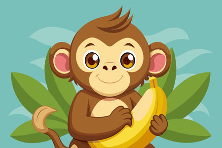 A cartoon monkey holding a banana. The monkey is smiling and he is happy. The image has a playful and lighthearted moodのイラスト素材