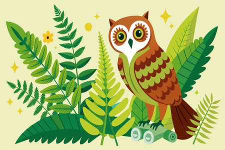 A cartoon owl is sitting on a branch in a lush green forest. The owl is looking at the camera with a curious expression. The scene is vibrant and lively, with the green leavesのイラスト素材
